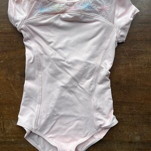Mirella Light Pink Short-Sleeve Girls One-Piece Leotard with Pastel Embroidery